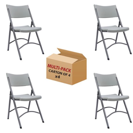 OfficeSource commercial blow molded plastic folding chair with contoured gray seat, powder-coated steel frame, and lightweight folding design.