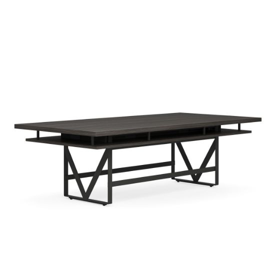 Palisades 96 inch standing height conference table with two-tier design, hidden storage, six power module cutouts, Gauntlet Gray finish, and black base