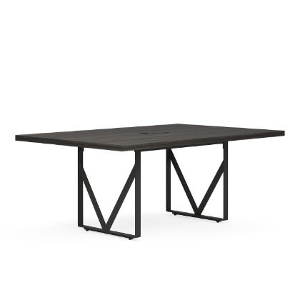 Palisades 72 inch sitting height rectangular conference table with metal legs, two power cutouts, grommet covers, Gauntlet Gray finish, and black frame