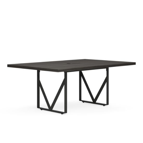 Palisades 72 inch sitting height rectangular conference table with metal legs, two power cutouts, grommet covers, Gauntlet Gray finish, and black frame