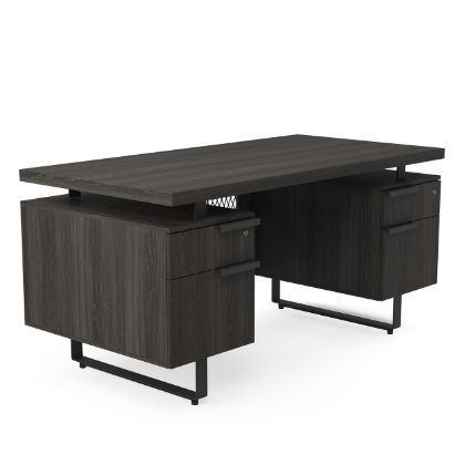 Palisades 60 inch double pedestal executive desk with floating Gauntlet Gray laminate top, Graphite frame, and charcoal metal accents