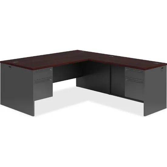 Picture of HON 38000 Series L-Workstation | Left Desk, Return | 66"W x 78"D | Mahogany Laminate | Charcoal Finish 