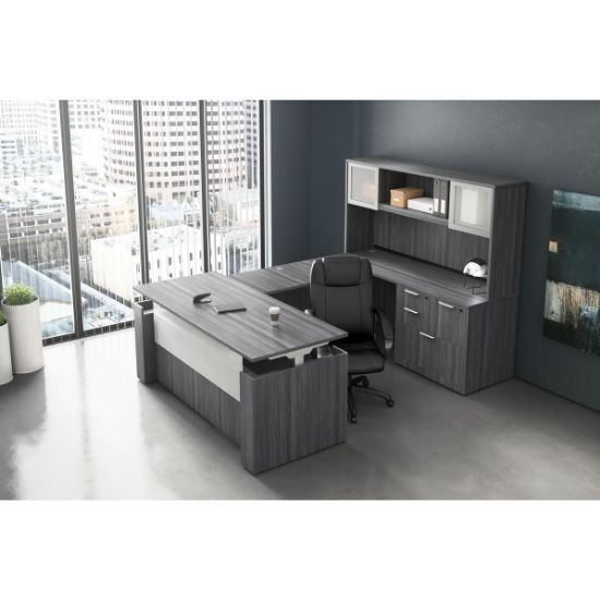 Picture of Premiera Executive Height Adjustable U Shaped Desk 72" x 96" x 72" with Glass Door Hutch