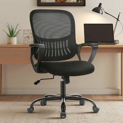 Picture of Sweetcrispy Home Office Managerial Executive Chair with Ergonomic Design, Mid-Back Mesh Swivel, Comfortable Lumbar Support, Comfy Arms for Bedroom,Study,Student, Black