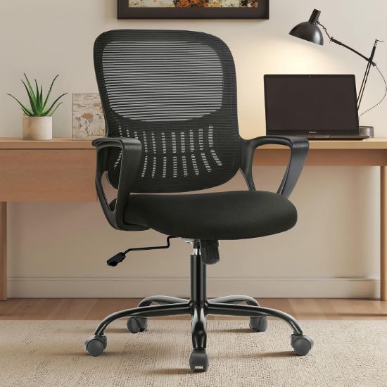 Picture of Sweetcrispy Home Office Managerial Executive Chair with Ergonomic Design, Mid-Back Mesh Swivel, Comfortable Lumbar Support, Comfy Arms for Bedroom,Study,Student, Black