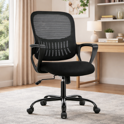Picture of Sweetcrispy Home Office Managerial Executive Chair with Ergonomic Design, Mid-Back Mesh Swivel, Comfortable Lumbar Support, Comfy Arms for Bedroom,Study,Student, Black
