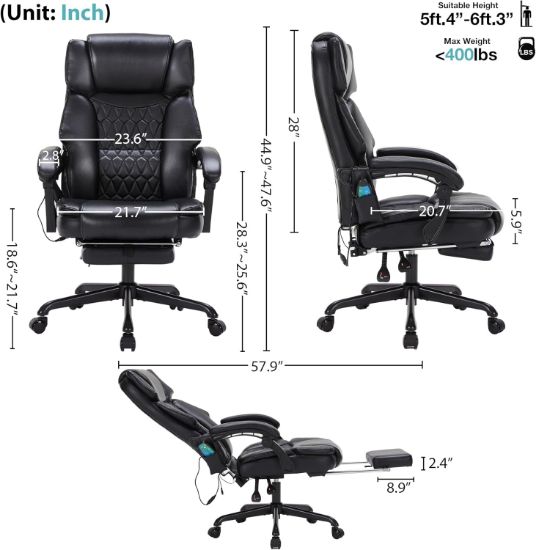 Picture of Massage Office Chair with Foot Rest 6 Points Vibration and Heat Home Office Desk Chairs for Heavy People 400lbs Reclining Managerial Chairs Ergonomic Executive Chair (Black)