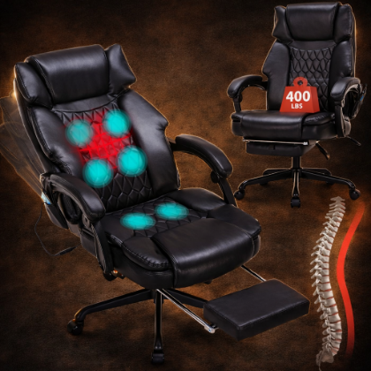 Picture of Massage Office Chair with Foot Rest 6 Points Vibration and Heat Home Office Desk Chairs for Heavy People 400lbs Reclining Managerial Chairs Ergonomic Executive Chair (Black)