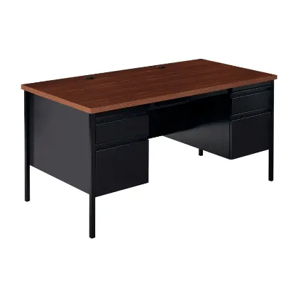 Picture of Metal 60” x 30” Double Pedestal Teacher’s Desk Black with Walnut Top 