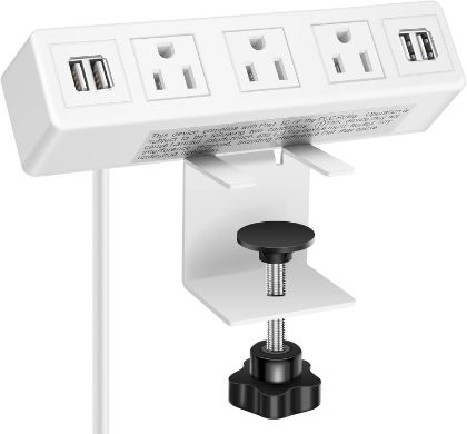 Picture of 3 AC Outlet Desk Clamp Power Strip White, Desk Mount USB Charging Power Station, Removable Desktop Edge Power Center Plugs Output 125V/60HZ/12A/1500W, USB 5V/4A 6.56FT Cable