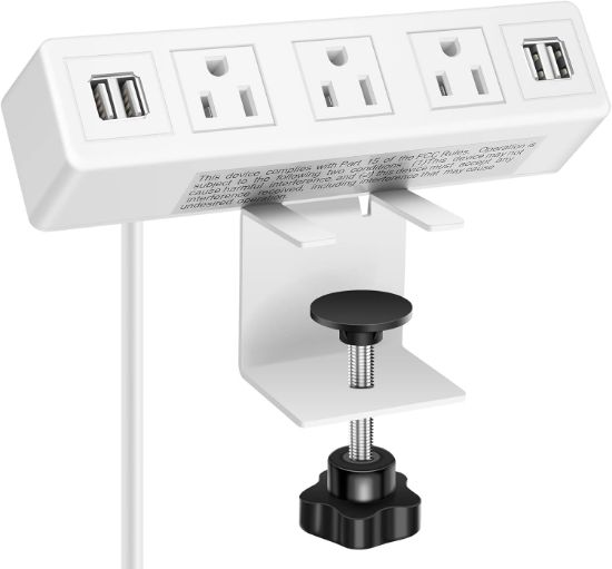 Picture of 3 AC Outlet Desk Clamp Power Strip White, Desk Mount USB Charging Power Station, Removable Desktop Edge Power Center Plugs Output 125V/60HZ/12A/1500W, USB 5V/4A 6.56FT Cable