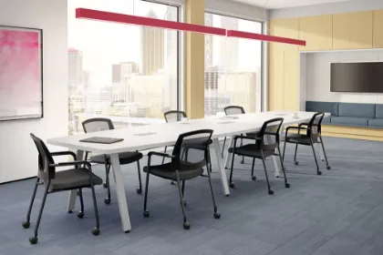 Picture of White Modern Boat Shaped Conference Table with Metal Legs & Cable Management