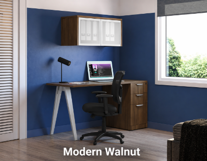 Modern walnut home office desk with drawers and wall cabinet for small spaces