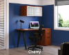 Cherry wood home office desk with drawers, black handles, and wall cabinet for small space workstation
