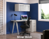 Silver birch home office desk with drawers, silver handles, and wall cabinet for small space workstation