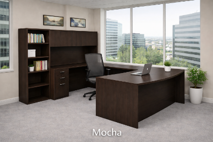 Picture of Executive U-Shaped Desk with Hutch, Bookcase Storage and Bow Front Worksurface