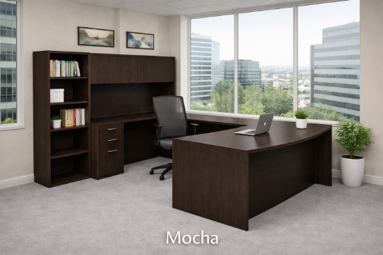 Picture of Executive U-Shaped Desk with Hutch, Bookcase Storage and Bow Front Worksurface