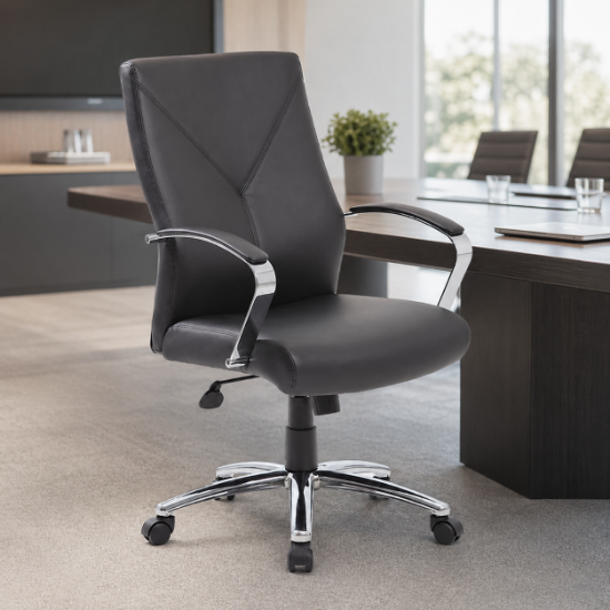 Picture of Executive High Back Leather Boardroom Chair with Chrome Arms and Adjustable Tilt-Black