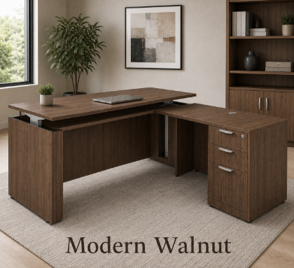 Picture of L Shaped Sit Stand Desk with Drawers and Reversible Return