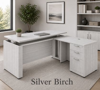 Picture of Executive L Shaped Sit Stand Desk with Drawers, Adjustable Height and Reversible Return