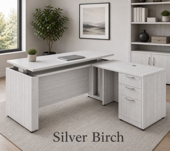 Picture of Executive L Shaped Sit Stand Desk with Drawers, Adjustable Height and Reversible Return