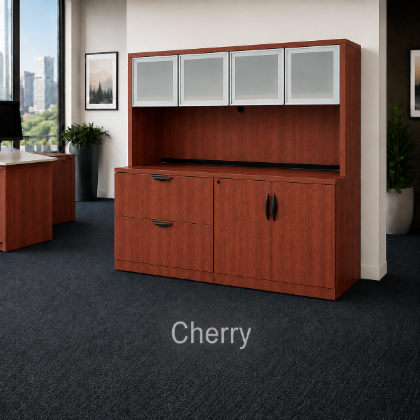 Picture of Storage Credenza with Hutch, Lateral File Drawers and Glass Doors