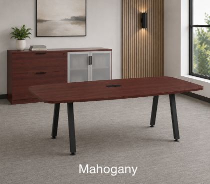 Picture of Boat Shaped Conference Table with Metal Legs and Built In Grommets