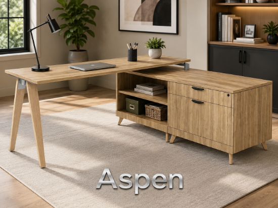 Picture of L Shaped Office Desk with Drawers, File Storage and Wood Legs