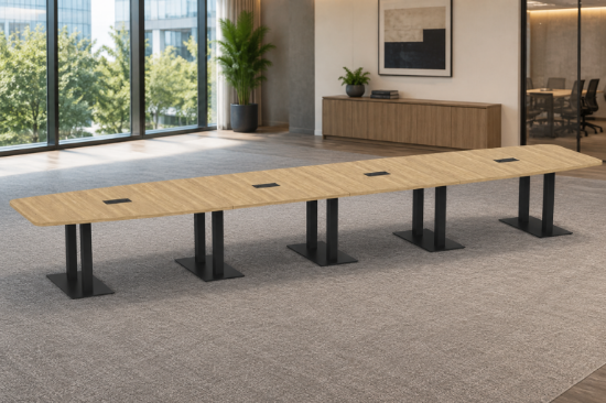 Picture of Boat Shaped Conference Table with Cable Management and Brushed Steel Base