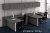 2 person L shaped peninsula desk with overhead storage