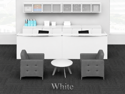 Picture of 2 Person Reception Desk with Storage, Overhead Hutch, and Transaction Counters