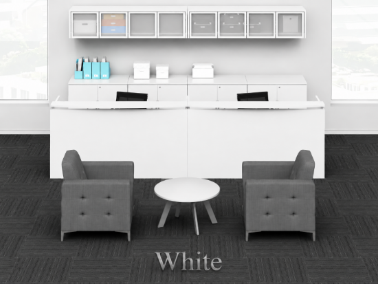 Picture of 2 Person Reception Desk with Storage, Overhead Hutch, and Transaction Counters
