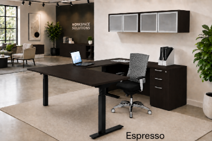 u shaped standing desk with storage and credenza