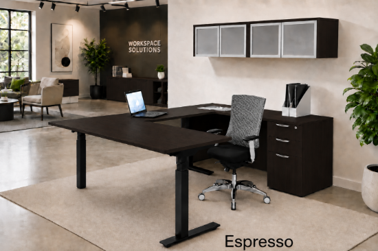 u shaped standing desk with storage and credenza
