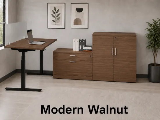 Picture of Executive L Shaped Sit Stand Desk with Drawers, Adjustable Height and Reversible Return