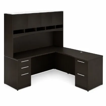 L shaped office desk with storage and hutch