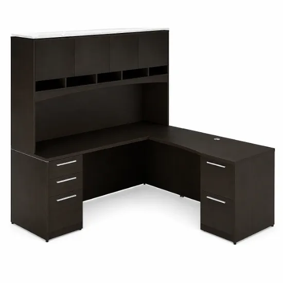 L shaped office desk with storage and hutch