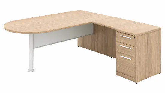 L shaped peninsula desk with glass modesty panel