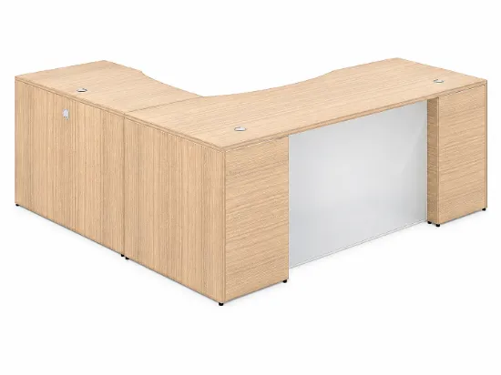 L shaped office desk with glass modesty panel