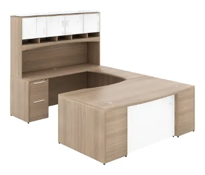 U shaped executive desk with hutch and glass modesty panel