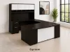 U shaped executive desk with hutch and glass modesty panel