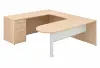 U shaped peninsula desk with drawers and white glass modesty panel