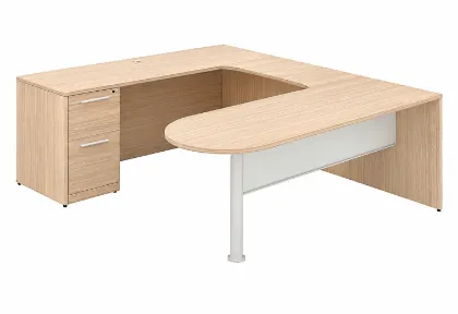U shaped peninsula desk with drawers and white glass modesty panel