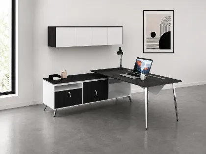 Picture of Modern L Shaped Desk with Storage Credenza and Wall Mounted Hutch