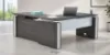 height adjustable L shaped desk with acrylic modesty panels