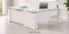 height adjustable L shaped desk with acrylic modesty panels