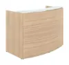 curved reception desk with glass transaction counter