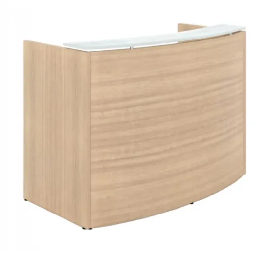 curved reception desk with glass transaction counter
