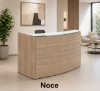 curved reception desk with glass transaction counter