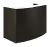 curved reception desk with glass transaction counter